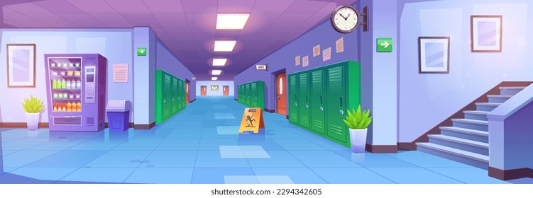 School corridor interior cartoon background. College hallway vector illustration with metal locker, stairs, door and slippery floor sign. Contemporary vending machine with snack in university campus.