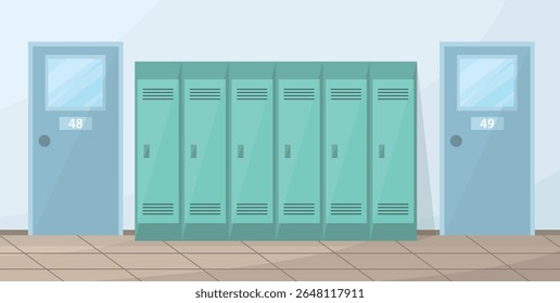 Interior do corredor da escola com portas de sala de aula e vestiários para estudantes. Escola, faculdade. Educação.