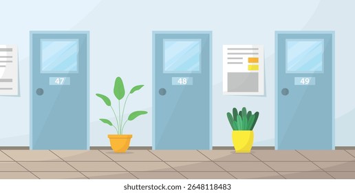 Interior do corredor da escola com portas e plantas da sala de aula. Educação, conhecimento. Local para estudo.
