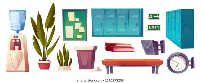 School corridor interior set - student lockers, exit with arrow sign and clock, water dispenser and flowers in pots, bulletin board and bench. Hallway indoor furniture and equipment collection.