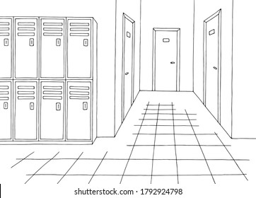 School corridor lobby graphic black white interior sketch illustration vector