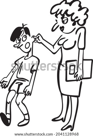 In the school corridor, the teacher pulls the student by the ear. The boy was rude

