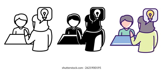 School Counselor icon represented by student, teacher, counseller Line, Filled, Color style.