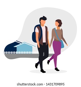 School couple flat vector illustration. First love concept. Teenage schoolboy and schoolgirl holding hands characters. Boyfriend and girlfriend going home after lesson. Students, schoolchildren dating