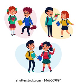 School couples  Pupils, girl and boys with books and backpack dating. Flat style vector illustration.