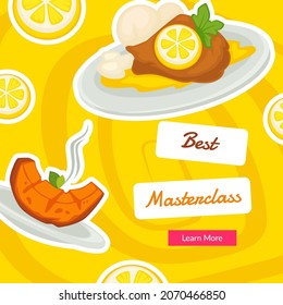 School or courses learning how to cook, masterclass with professional chef. Making meat and fish, grilling and addition. Promo banner, advertisement or food presentation. Vector in flat style
