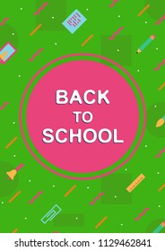 school cover design template memphis colorful style with education supplies such us pen, book, phone, glass, ruler, pencil, brush, eraserfor poster, party, super sale offer. vector 10 eps