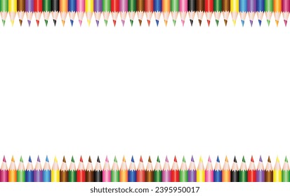 School crayons aligned on the top and bottom side of the page with a blank space for text