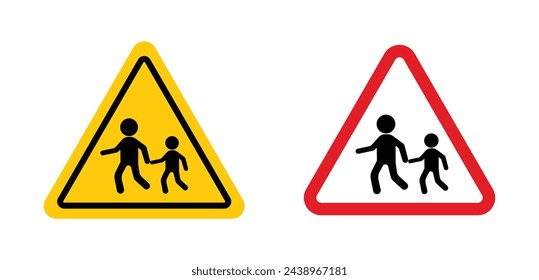 School crossing sign. school zone traffic sign. children crossing triangle caution warning roadsign. kid crosswalk attention vector symbol.