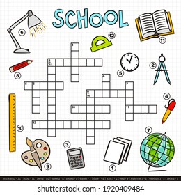 School crossword for kids. Children's game with cartoon elements. Book, lamp, ruler, globe, palette, clock and other. Vector illustration