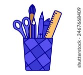 A school cup with a simple pen, a long ruler, a marker, a pencil, scissors for paper, and a paintbrush. An icon colored and made on a white background for education