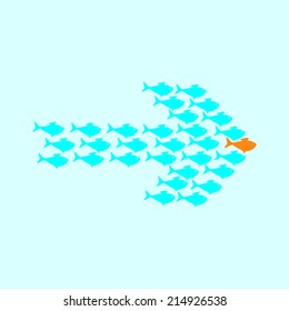 School of cute celadon fish swimming in shape of arrow behind its leader. Concept of success and business achievements