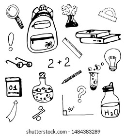 School cute doodle set for boy with backpack, glasses, beakers for chemistry lesson, calendar, magnifier. Freehand drawing for packaging, sale, stationery. EPS8 vector illustration