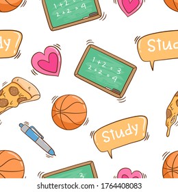 school cute elements in seamless pattern with colorful doodle style