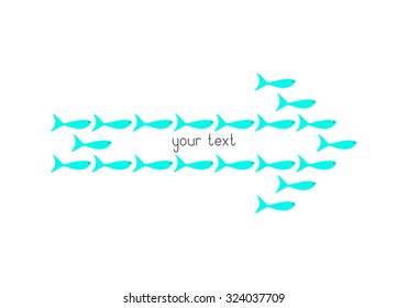 School of cute fish swimming in shape of arrow and space for text inside it