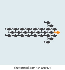 School of cute grey fish swimming in shape of arrow behind its gold fish leader isolated on light grey background. Concept of success and business achievements