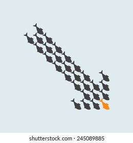 School of cute grey fish swimming in shape of down arrow behind its gold fish leader isolated on light grey background. Concept of regression and financial crisis