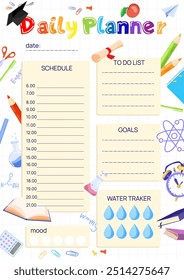 School daily planner template with schedule, to do list, water tracker, goal, mood.Vertical A4 format daily personal planner page.Vector illustration