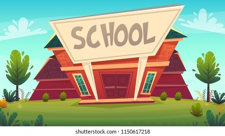 school . day of knowledge funny cartoon background ,  warm autumn street education card cover in red green bright colours with clear blue sky clouds . high school comic style vector illustration 