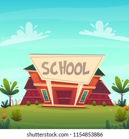 school . day of knowledge funny cartoon background ,  warm autumn education card cover in red green bright colours with clear blue sky clouds . high school comic style vector illustration 