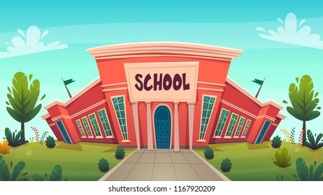 school . day of knowledge funny cartoon background ,  warm autumn education card cover in red green bright colours with clear blue sky clouds . high school comic style vector illustration 