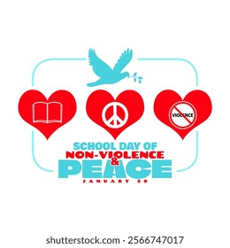 School Day of Non-violence and Peace to celebrate on January 30th. Three red hearts containing a book symbol, a peace symbol, a no violence sign and a peace bird on a white background.