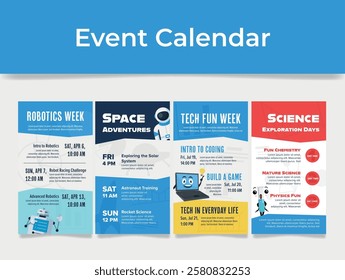 School days event calendar holiday date announcement poster set isometric vector illustration. Student learning education schedule appointment robot space coding science studying planning