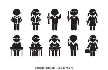 School days. Pictogram icon set. School children. Back to school. Vector set.  Every Day Life, Relationships of Teacher a Student, Back to School Episodes. Stick Figure Pictogram Icon. Vector Il