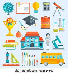 School decorative flat icons set with teacher building telescope microscope books on blue background isolated vector illustration