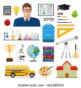 School decorative flat icons set with building bus stationery stack of books bell isolated vector illustration 