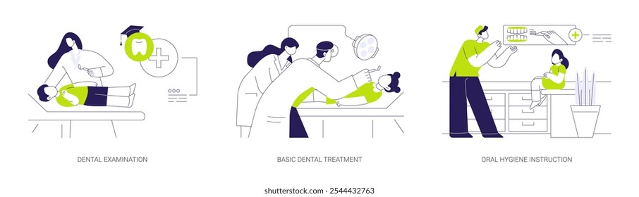 School dentist abstract concept vector illustration set. Student dental examination, basic dental treatment, oral hygiene instruction, pediatric stomatology, cavity checkup abstract metaphor.