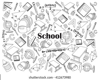 School design colorless set vector illustration. Coloring book. Black and white line art