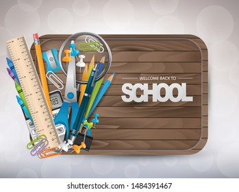 School design concept. Education supplies on a wooden plank board sign with a free empty space for text. Vector illustration.