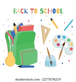 School design with green backpack with space for text and supplies - pens, pencils, markers, notebooks, books, watercolors, ruler, sheet of paper, brushes, jar of water, triangle, pear