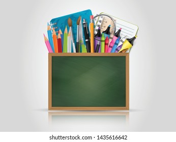 School design with a green textured chalkboard with free space for text and realistic education supplies behind it - pens, pencils, markers, notebook, spy glass, ruler, sheet of paper, brushes.