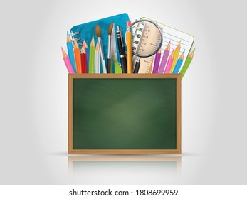 School design with a green textured chalkboard with free space for text and education supplies behind it - pens, pencils, markers, notebook, spy glass, ruler, sheet of paper, brushes.