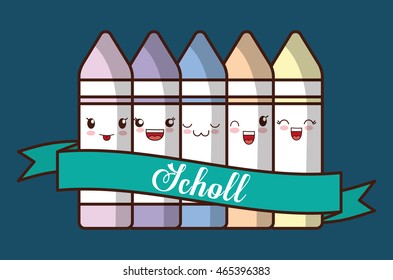 School design represented by kawaii crayon icon. Colorfull and blue background. 
