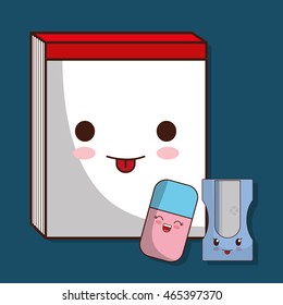 School design represented by kawaii book, sharpener and eraser icon. Colorfull and blue background. 