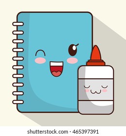 School design represented by kawaii notebook and glue icon. Colorfull and isolated illustration. 