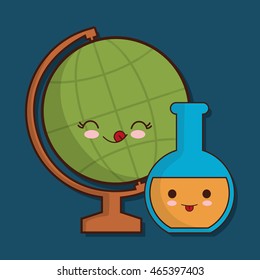 School design represented by kawaii planet sphere and flask icon. Colorfull and blue background. 