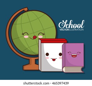 School design represented by kawaii planet sphere and book icon. Colorfull and blue background. 