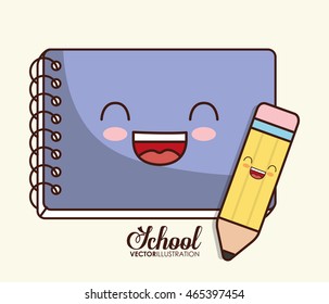 School design represented by kawaii notebook and pencil icon. Colorfull and isolated illustration. 