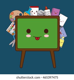 School design represented by kawaii board and icon set. Colorfull and blue background. 