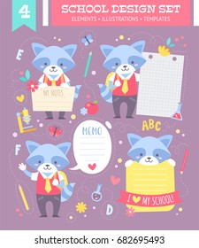 School design set with cute cartoon raccoon boy character and note stickers for children apparel and web templates