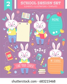 School design set with cute cartoon bunny boy character and note stickers for children apparel and web templates