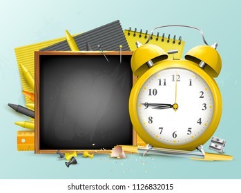 School design template with alarm clock, empty chalkboard and school accessories