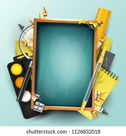 School design template with empty chalkboard and school accessories.