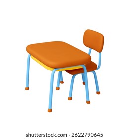 Escritorio de la escuela y silla objeto 3d. Muebles de madera aislados realistas para el interior de la clase o de la sala de conferencias. Lugar para estudiantes, alumnos. Renderización del diseño del Vector