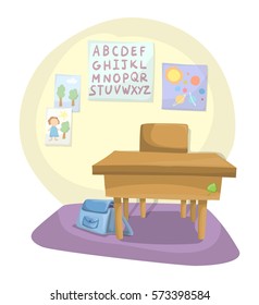 School desk with chair and backpack next to it