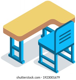 School desk and chair, perspective side view with shadow. Student chair used in classroom with table isolated on white background. Workplace for one pupil, wooden equipment furniture in class interior